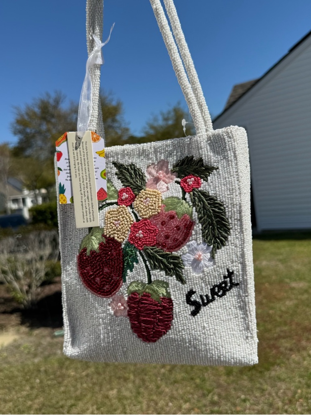 NWT Beaded Strawberry Mini Tote Bag Fruit Embroidered Coquette